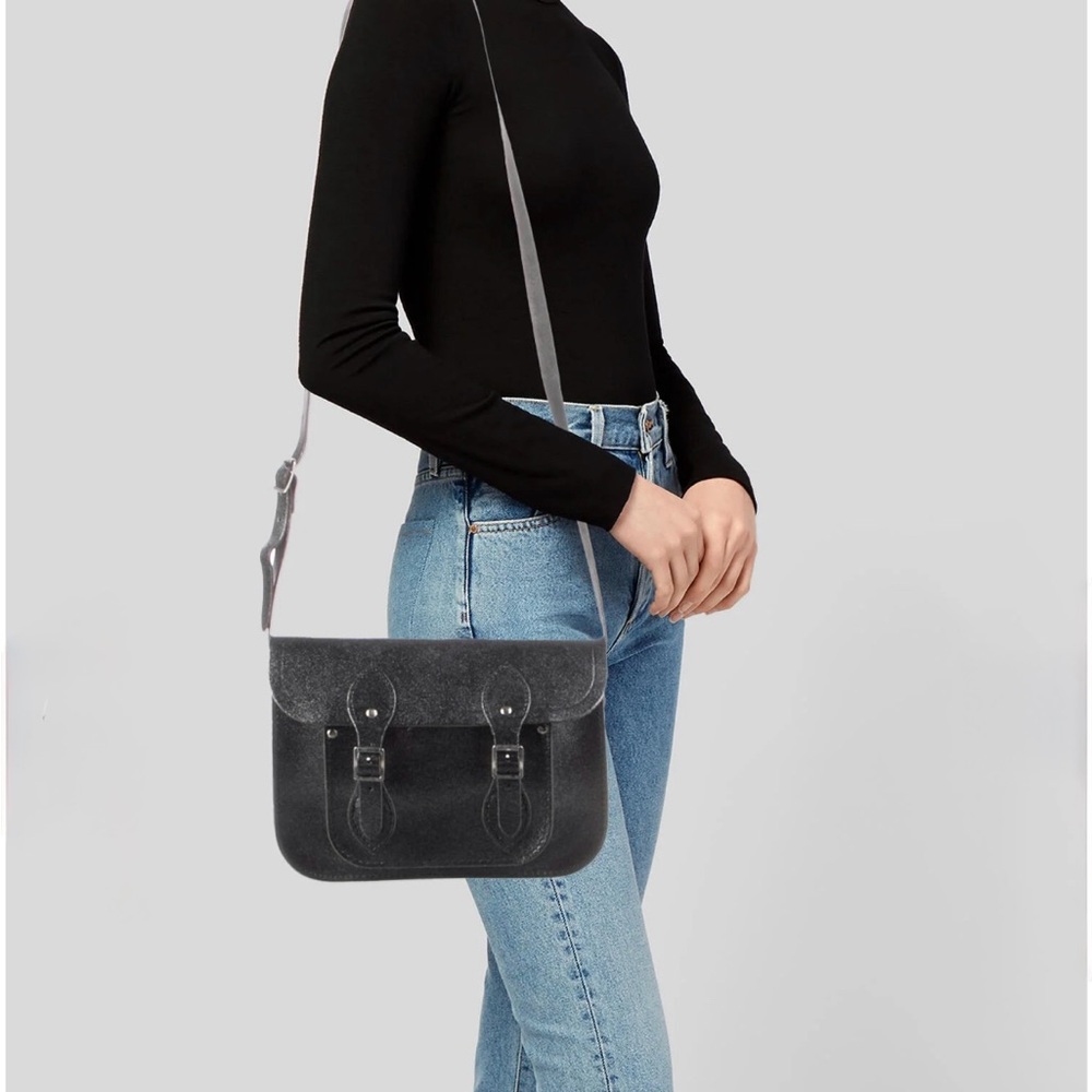 The Cambridge Satchel Company Leather 11” crossbody bag in Black Glitter